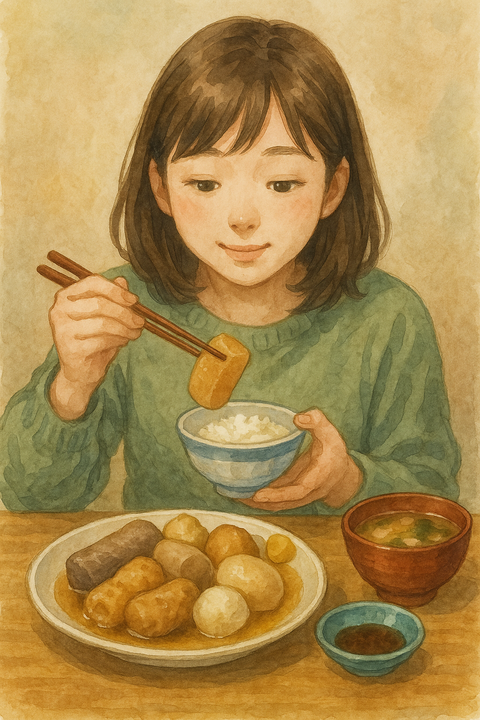 おでん定食を食べる女性