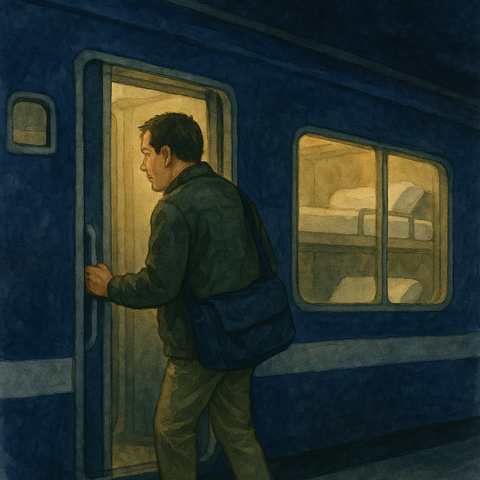 寝台特急に乗る男性