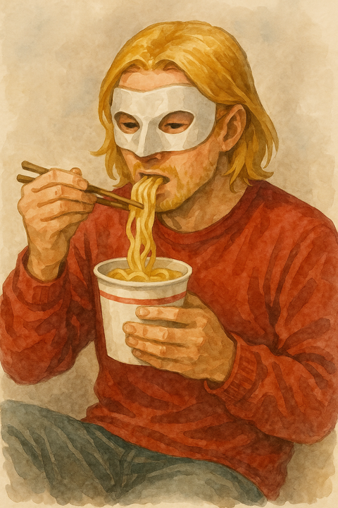 カップうどんを食べる金髪