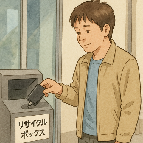 モバイルバッテリーをリサイクルボックスに捨てる男性