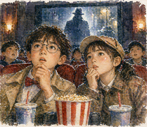 映画鑑賞する少年少女探偵たち