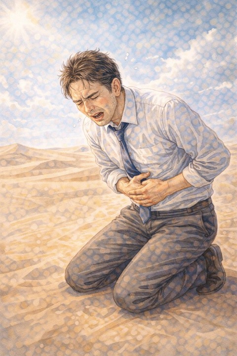 砂漠で腹痛に苦しむ男性