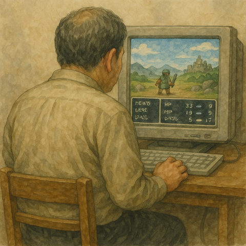 RPGをプレイする中年男性