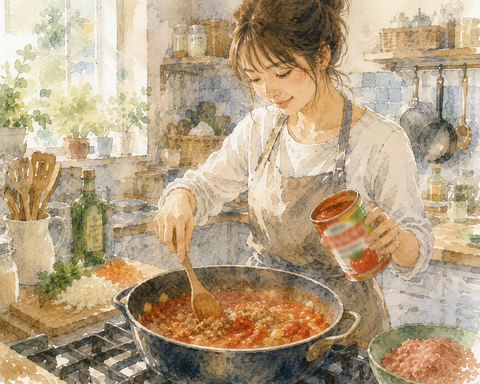トマト缶でミートソースづくりする女性