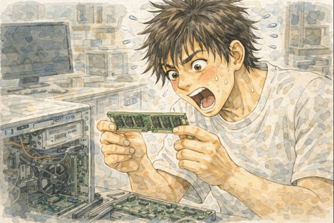 パソコンのメモリを見てびっくりする男性