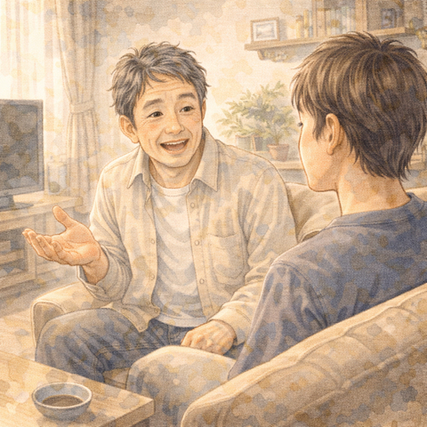 息子と会話する初老男性