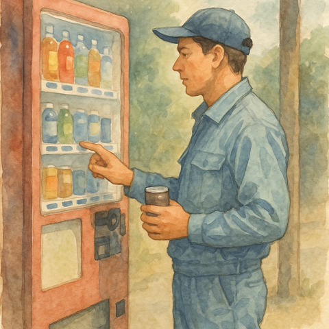 自動販売機でジュースを買う男性