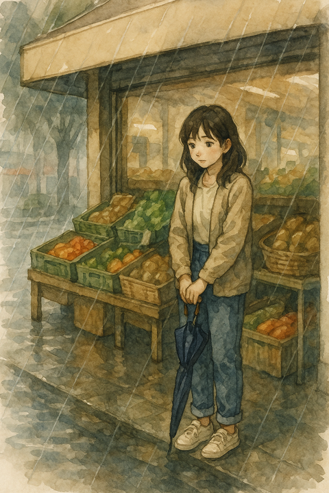 スーパーの軒先で雨宿り