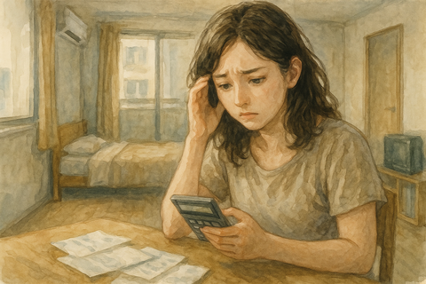 部屋で収支計算する女性