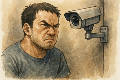 防犯カメラを睨みつける男性
