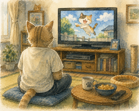猫アニメを見る人型猫の後ろ姿