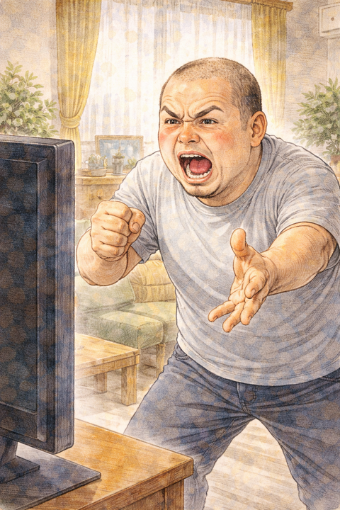 テレビに向かって怒る男性