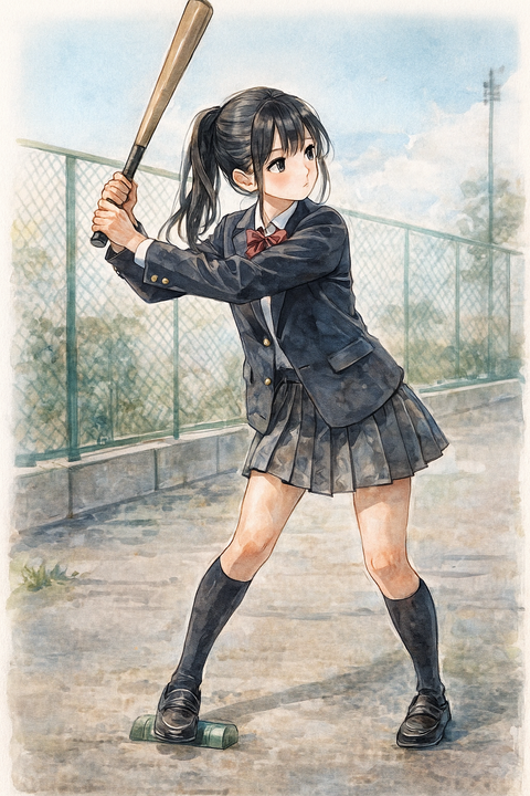 バットを持つ女子高生