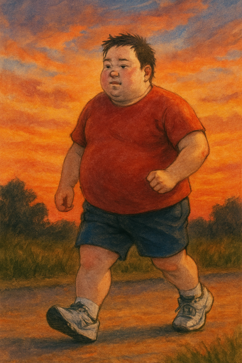 夕方ウォーキングする太めの男性