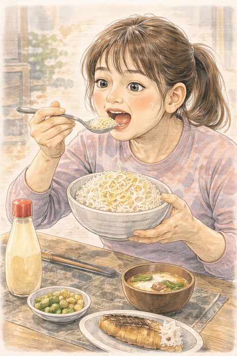 マヨネーズご飯を食べる女性