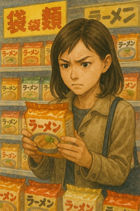 袋麺を真剣に選ぶ女性