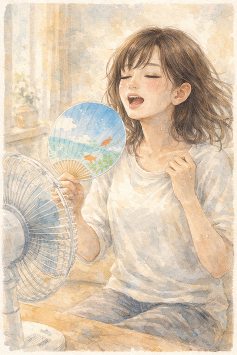 扇風機とうちわで涼む女性