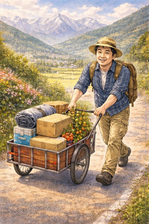 リヤカーで移住する男性