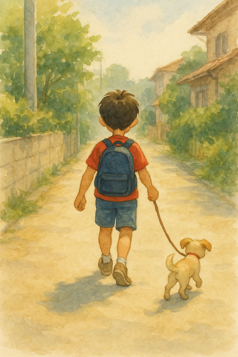 犬の散歩に行く小学生男子