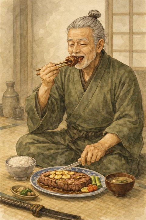 ステーキを食べる老人