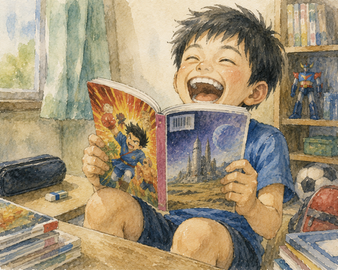 漫画雑誌を読んで爆笑する小学生男子