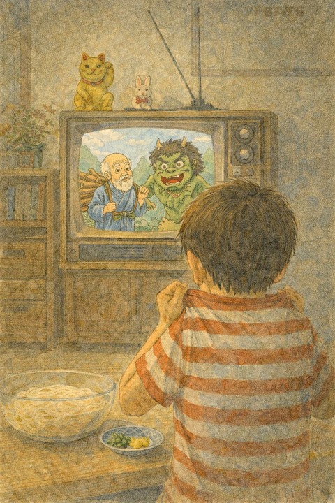 テレビを見て震えあがる小学生