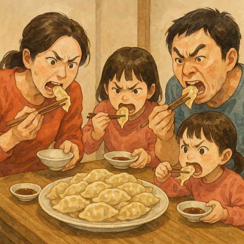 水餃子を食べる家族