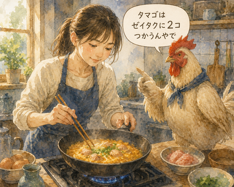 親子丼を作る女性と鶏のアドバイス