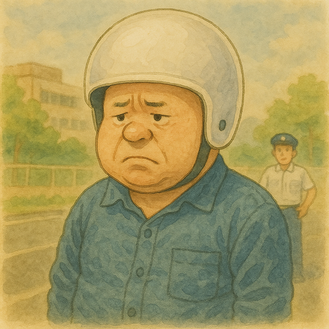 ヘルメットが小さい男性