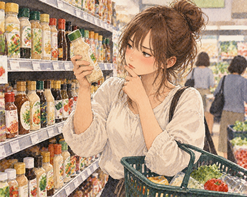ドレッシング売り場で選ぶ女性