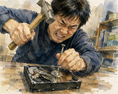 HDDに５寸くぎを打ち付ける男性