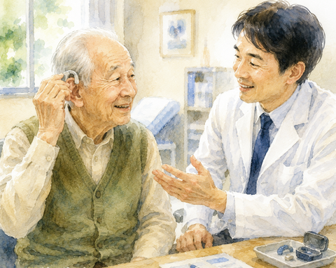 補聴器をつける８０才男性と医者
