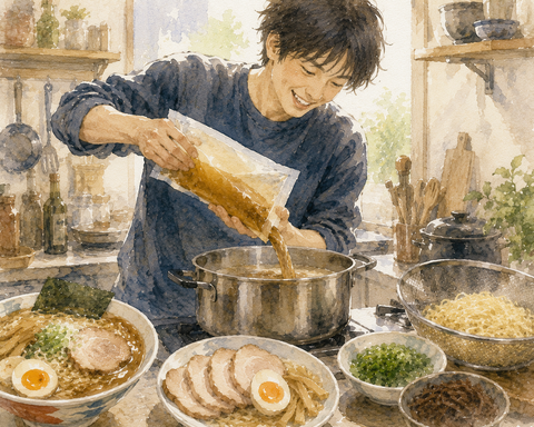 ラーメン作りで業務用スープを鍋に入れる男性