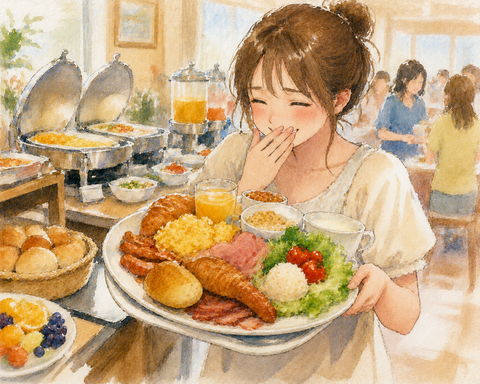 ホテルの朝食バイキング取りすぎる女性