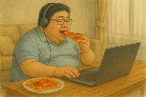 リモートワークで太った男性