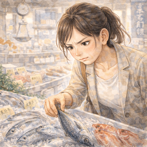 魚屋で魚を選ぶ女性