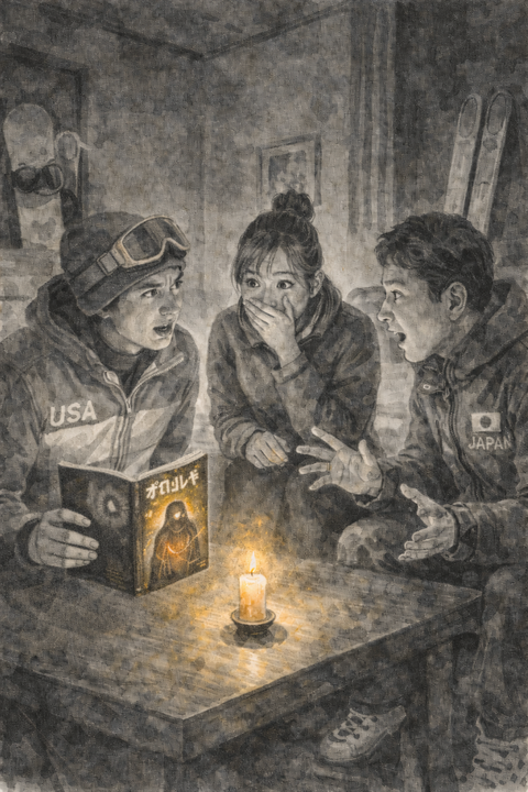 ホテルの部屋で都市伝説を語る五輪選手