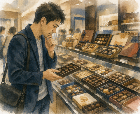 チョコレートコーナーで選ぶ男性