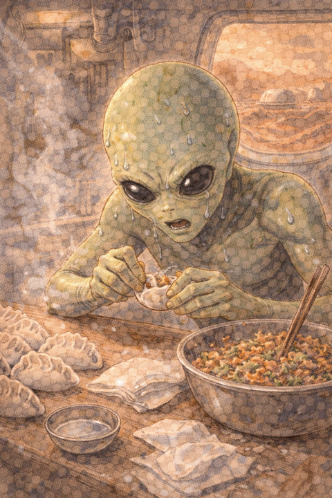 餃子の餡を包む火星人