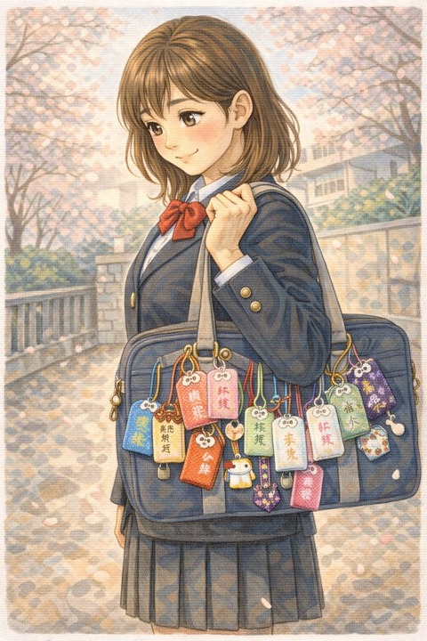 鞄にお守りをつける女子高生