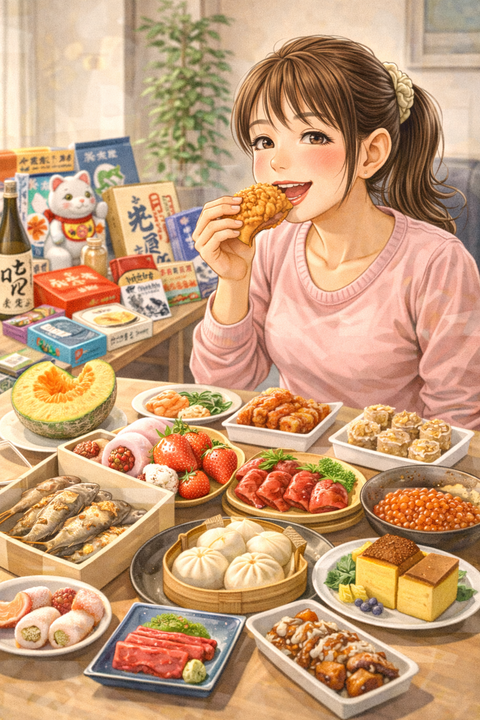 お土産を食べる女性