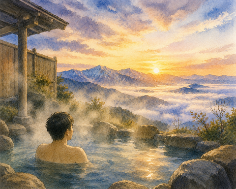 温泉に入る男性　絶景