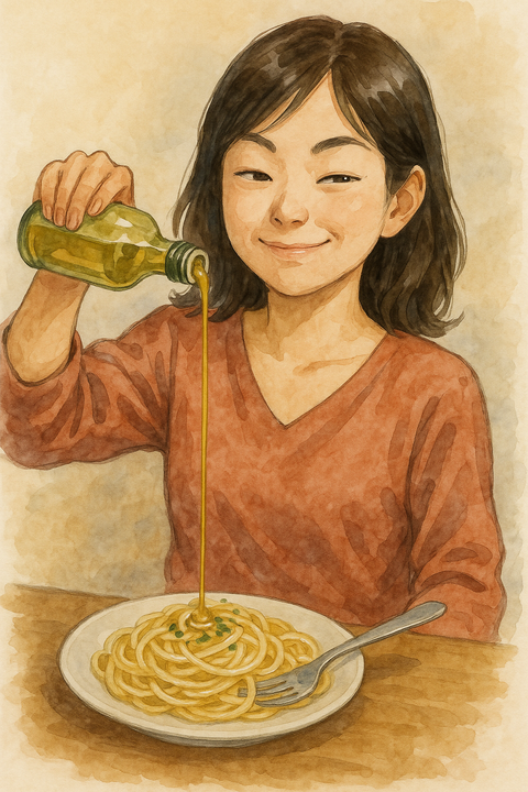 パスタにオリーブオイルをかける女性