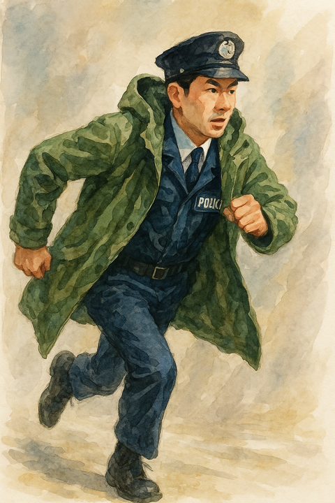 緑のモッズコートを着る男性警察