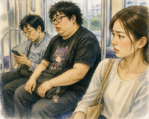 電車に乗るオタク2人
