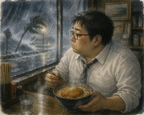 台風コロッケうどんを食べる中年男性