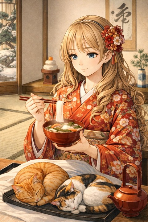 正月にお雑煮を食べる女性