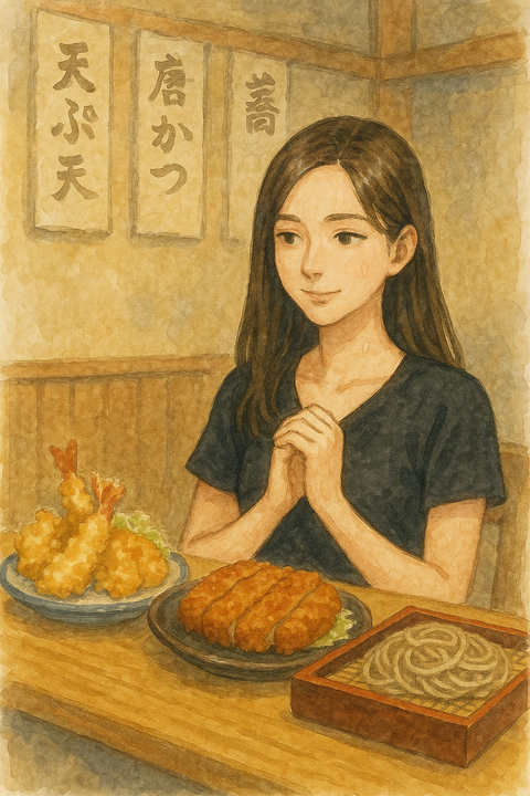 天ぷら、とんかつ、蕎麦を食べる女性