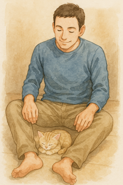 男性の足の間で寝る子猫