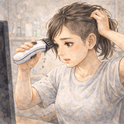 バリカンで髪を切る女性